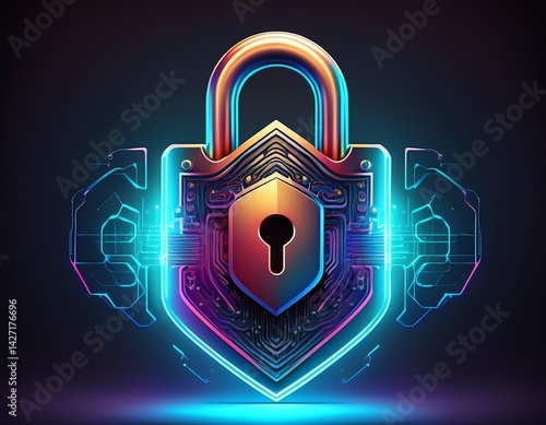 cyber security symbol in the shape of a padlock with an ai logo with neon effect colors