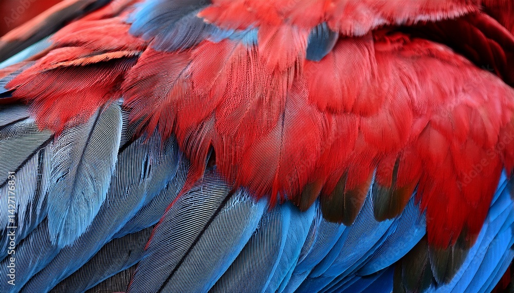 Obraz premium vibrant feathers of a bird showcasing striking red and blue colors in detailed focus