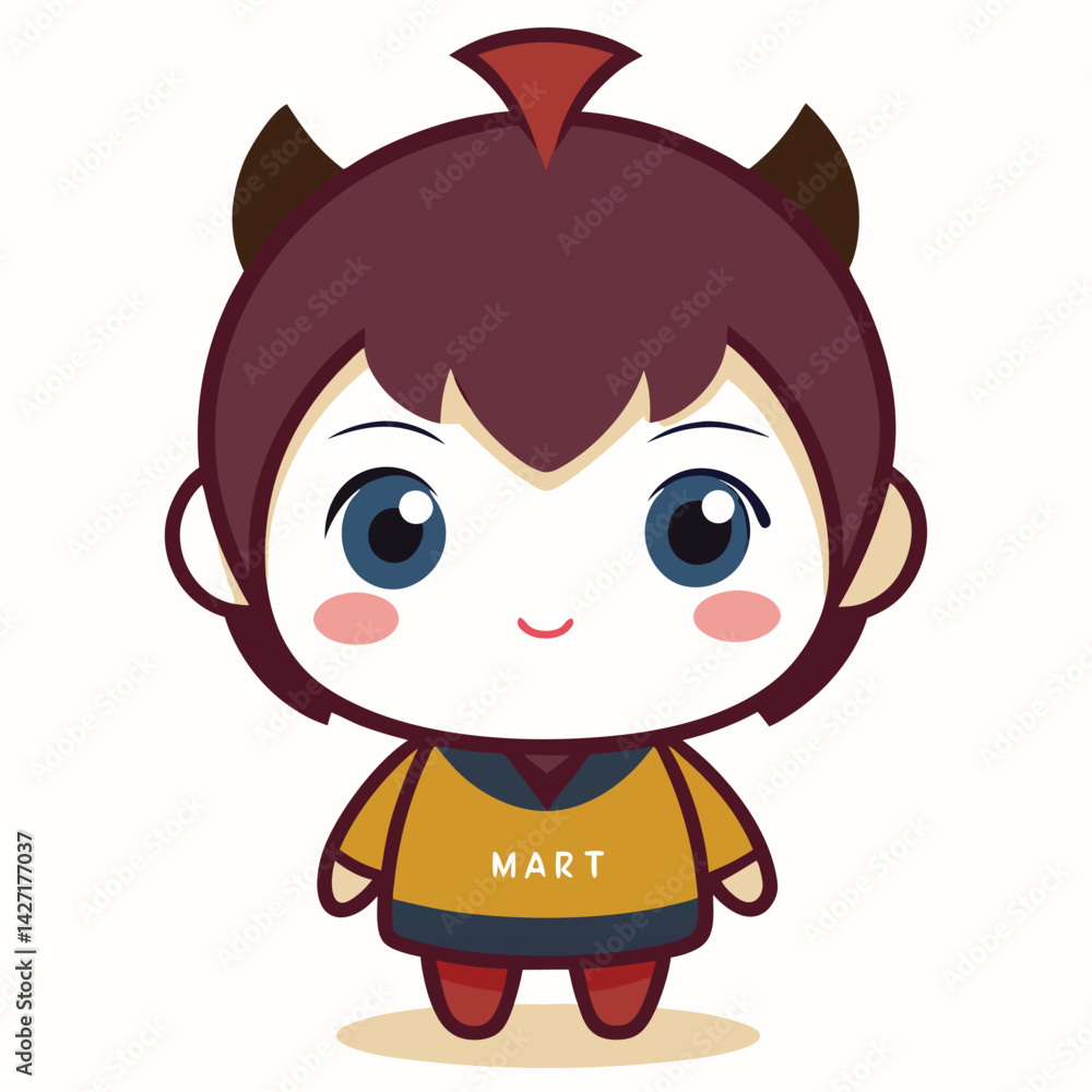 Obraz premium Cute cartoon character with horns and a name tag
