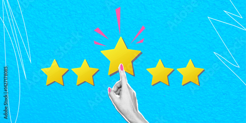 Trendy modern  art collage, customer experience concept. Woman's hand shows five stars. Excellent score on blue background, copy space. Vector banner with halftone effect 