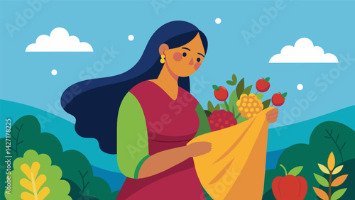 Despite the temptation of beautiful fabrics and fragrant es she remains unswayed focused on her purchase of vegetables.. Vector illustration