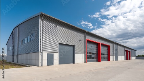 Wallpaper Mural Factory warehouse with concrete and steel facade metal roof and roller door Blue sky background Torontodigital.ca