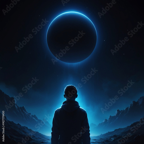 A lone figure gazes at an otherworldly eclipse in a futuristic landscape.