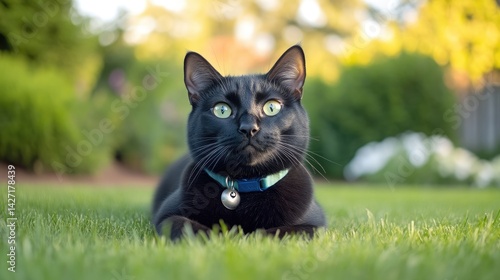 A sleek black cat lying on lush green grass in a vibrant garden, and sunlight creating a serene and peaceful outdoor setting.
