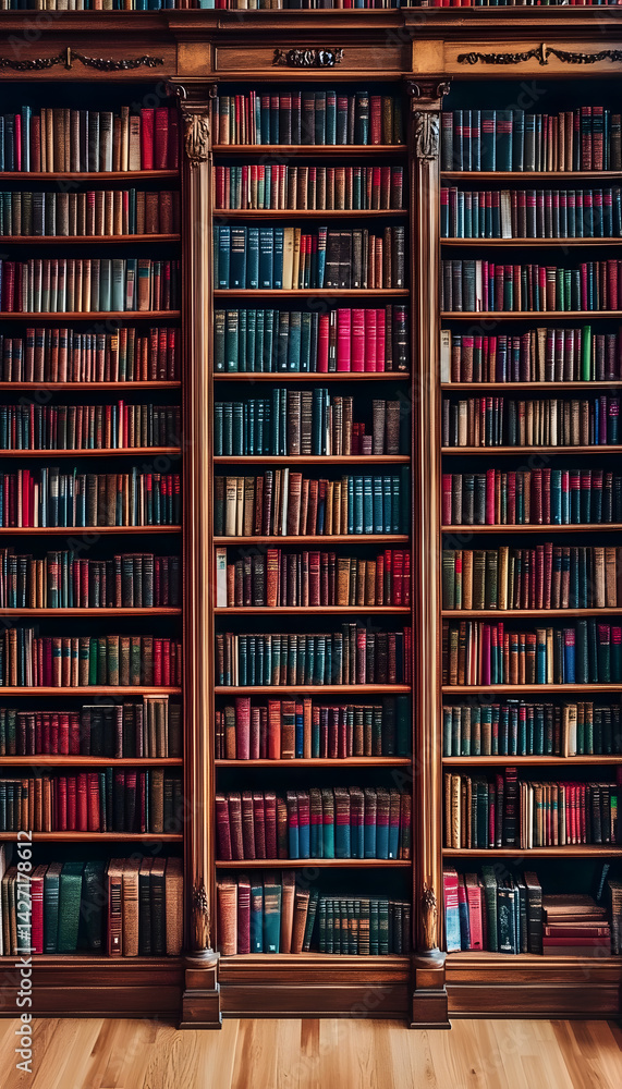 The background is large wooden bookshelves full of books on wall in the library. Knowledge archives The background is large wooden bookshelves full of books on wall in the library. Knowledge archives
