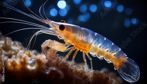 close up view of a translucent shrimp highlighting its intricate details and colors