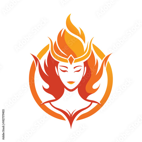 Creative logo design featuring an abstract woman with fiery hair in shades of orange and red, ideal for branding and illustration needs in dynamic industries