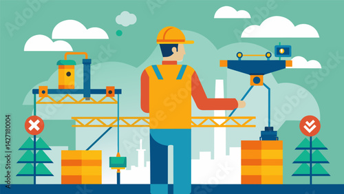 From his vantage point on the platform the foreman manages the flow of materials and equipment to various parts of the construction site.. Vector illustration