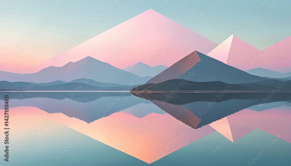 Naklejka premium Pastel mountains and pyramids reflected in calm water creating a serene and symmetrical landscape view