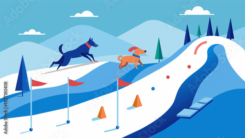 Along the winding skijoring course obstacles such as jumps and turns tested the agility and skill of both dog and skier.. Vector illustration