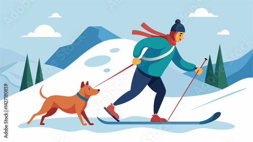 In a true display of teamwork a skilled skier and their dedicated dog make their way through deep snow in a dynamic skijoring adventure.. Vector illustration