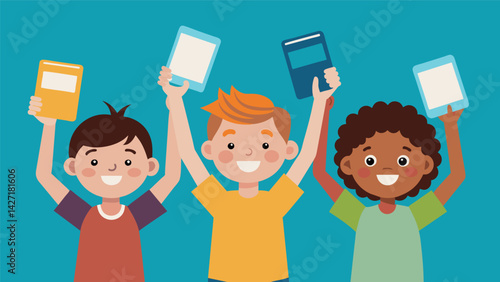 Some children excitedly hold up physical copies of the book while others proudly display their ereaders showing that reading comes in many forms.. Vector illustration