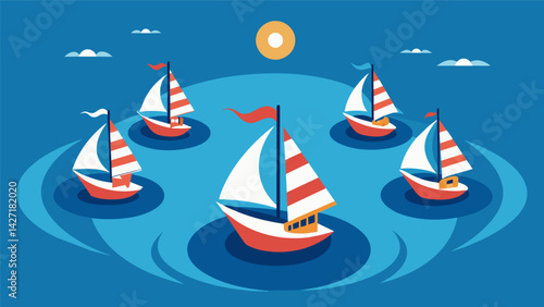 As the boats round the buoy the sails suddenly shift direction in a synchronized dance.. Vector illustration