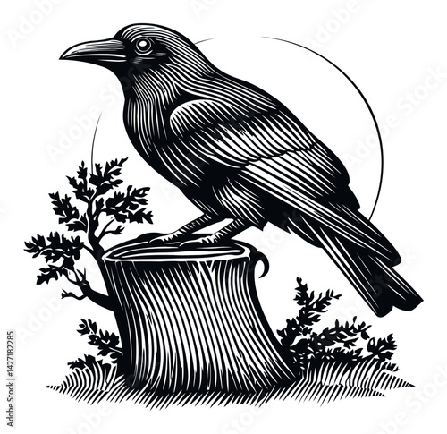 Detailed Black and White Engraving of a Raven on Tree Stump