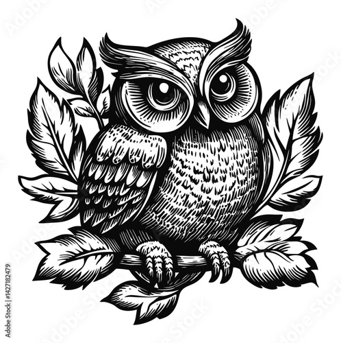 Detailed Owl Illustration in Engraving Style with Leaves Design