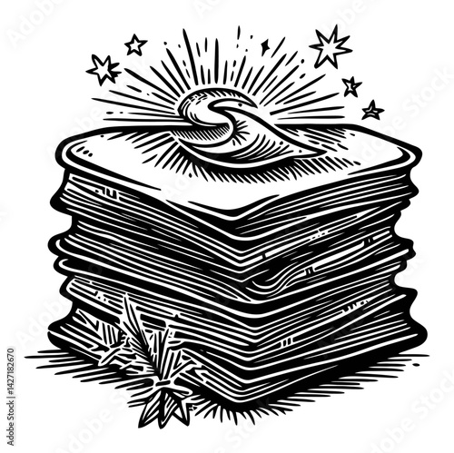 Vintage Engraving of an Open Book with Decorative Elements
