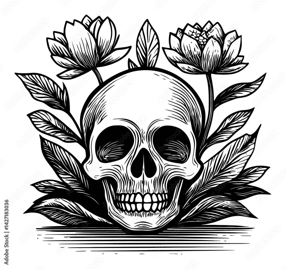 Obraz premium Engraved Skull Surrounded by Lotus Flowers and Leaves Art