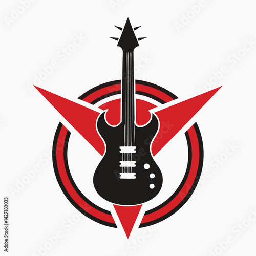 Creative vector logo featuring a stylized electric guitar design in vibrant red and black colors with dynamic shapes accentuating the instrument