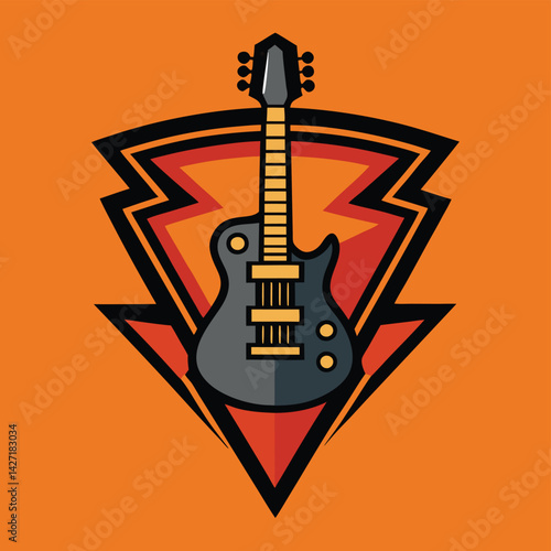 Creative vector logo featuring a stylized electric guitar design in vibrant red and black colors with dynamic shapes accentuating the instrument