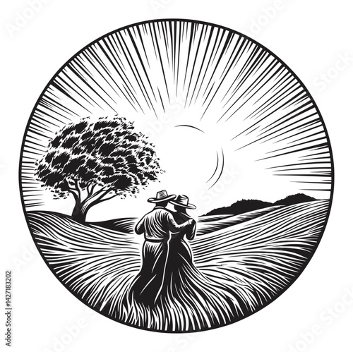 Embracing Nature in Serene Landscape Engraving by Illustrator