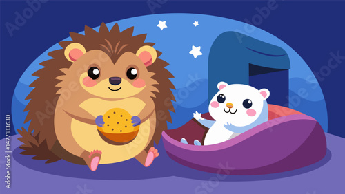 A curious hedgehog and a cuddly hamster snuggle in a virtual bed nibbling on virtual treats as they wind down from a day filled with interactive play.. Vector illustration
