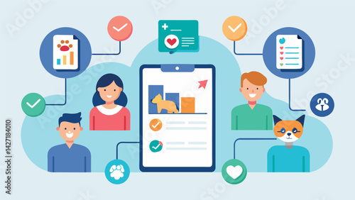 A community platform connects pet owners with vets for advice and recommendations based on their pets activity data and habits.. Vector illustration