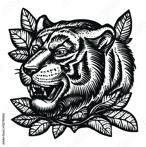 Detailed Engraving of a Tiger Head Surrounded by Leaves