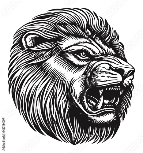 Detailed Black and White Lion Head Engraving Illustration