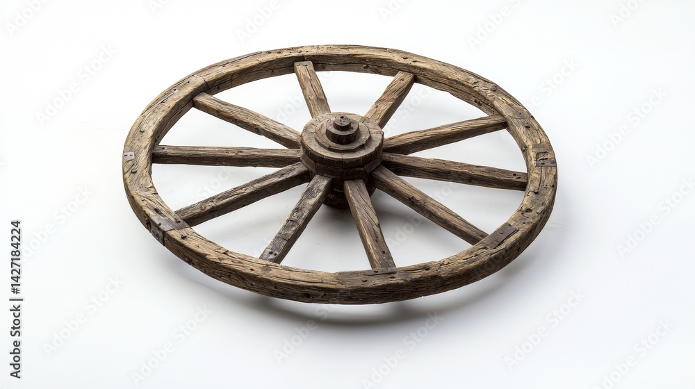 Fototapeta premium Old wooden wagon wheel showcasing craftsmanship and history, placed on a neutral background