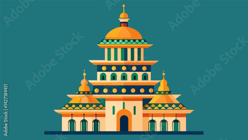 The main tower of the building is crowned with a series of tiered domes each decorated with ornate patterns and topped with a decorative finial.. Vector illustration