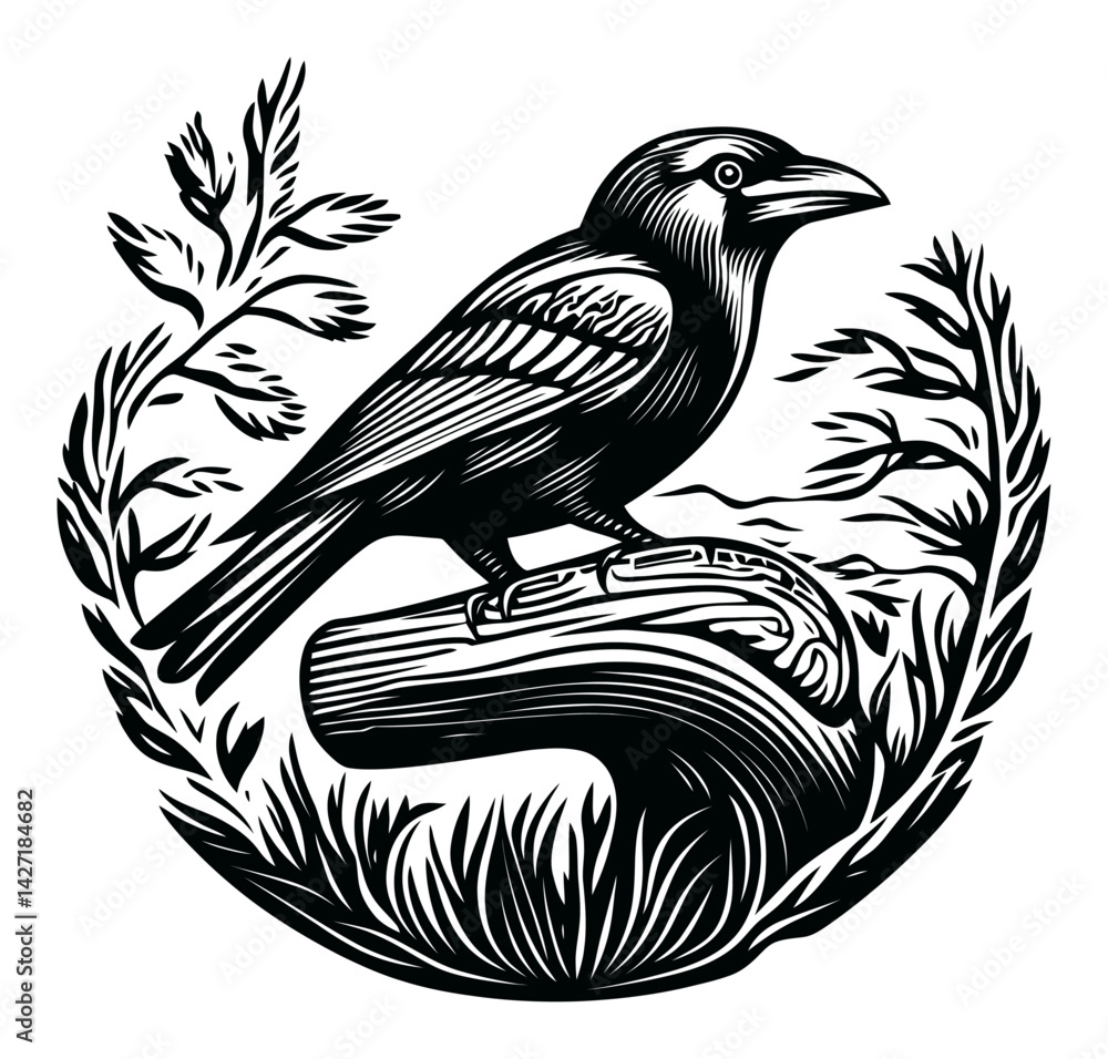 Naklejka premium Black Bird Engraving in Nature Inspired Art Style