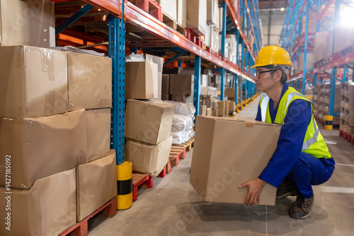 Mature Asian man crouching in warehouse aisle handling cardboard box, with shelving, copy space