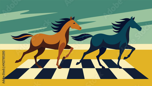 In a display of athleticism and grace the horses crossed the finish line in a perfectly synchronized photo finish.. Vector illustration