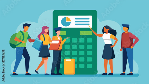A group of students in a college admissions workshop eagerly plugging in numbers into an interactive calculator to determine their outofpocket costs. Vector illustration