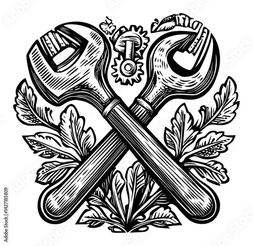 Vintage Engraving of Two Wrenches Crossed with Decorative Leaves