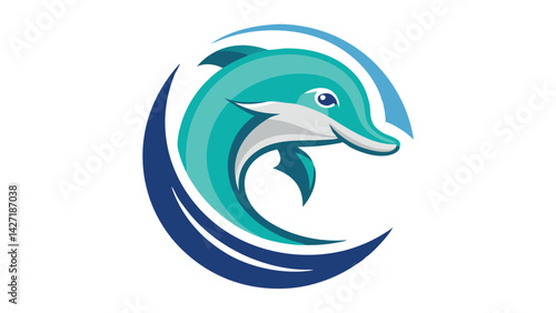 Colorful vector dolphin logo design showcasing a playful marine creature swimming amidst waves in a vibrant, calming turquoise background