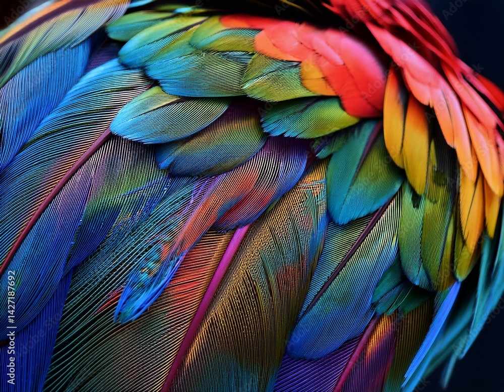 Obraz premium vibrant colorful parrot feather with intricate patterns on a dark background