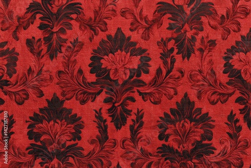 Intricate damask pattern in rich red and black. Luxurious textile design.