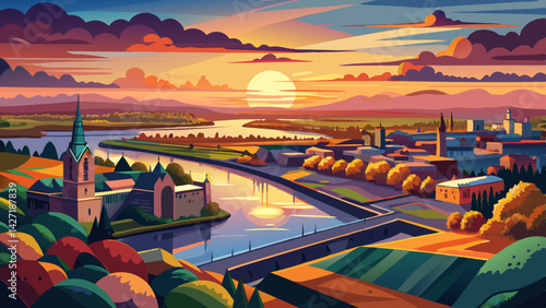 Very beautiful Limerick Sunset Aerial: River Shannon & Cityscape Panorama