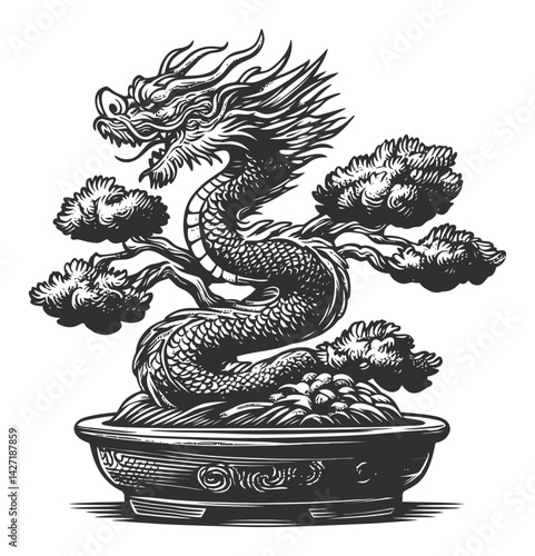 Intricate Black and White Engraving of a Dragon with Bonsai Trees