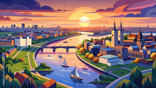 Very beautiful Limerick Sunset Aerial: River Shannon & Cityscape Panorama