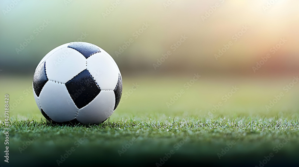 Fototapeta premium Soccer Ball On Wet Grass Field