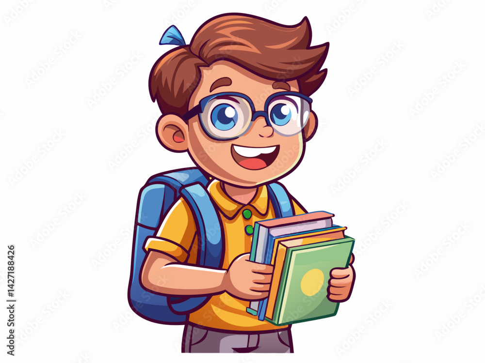 A high-quality vector illustration of a happy cartoon student holding books and wearing glasses, with a school bag, isolated on a white background A high-quality vector illustration of a happy cartoon student holding books and wearing glasses, with a school bag, isolated on a white background