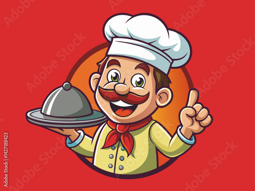 A playful vector of a smiling cartoon cook giving a thumbs up with a tray in hand, placed on a solid warm red background