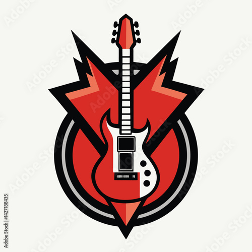 Creative vector logo featuring a stylized electric guitar design in vibrant red and black colors with dynamic shapes accentuating the instrument