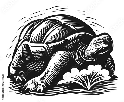 Detailed Black and White Engraving of a Relaxed Turtle Figure