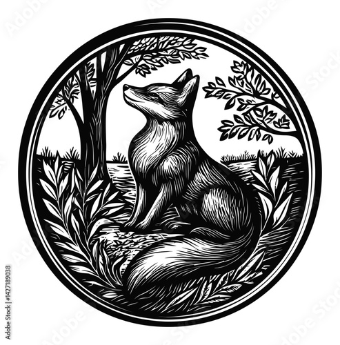 Elegant Fox in Nature: Engraving Style Illustration Art
