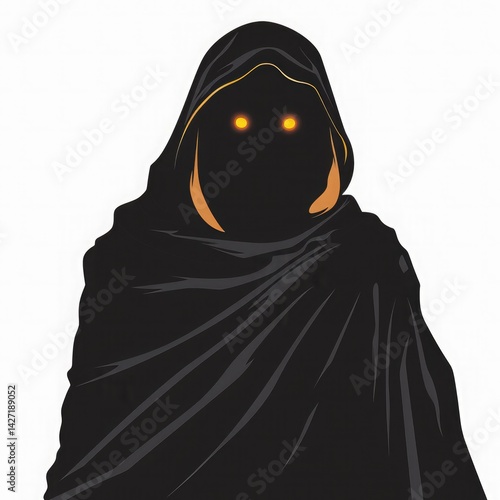 A mysterious vector of a shadowy hooded figure with glowing eyes