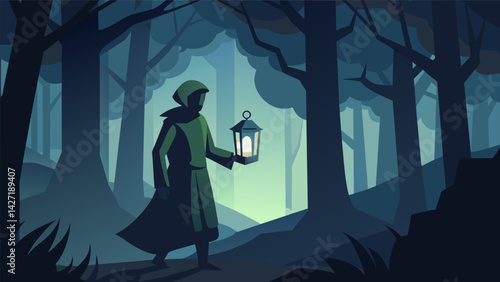 A person holding a lantern in a dark foggy forest representing the Stoic virtue of wisdom and the idea of using reason and reflection to navigate. Vector illustration