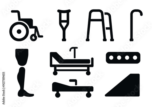 Accessibility and mobility aids icon set – solid style disability support and healthcare symbols for inclusive design: wheelchair, crutch, walker, cane, prosthetic leg, hospital bed, ramp